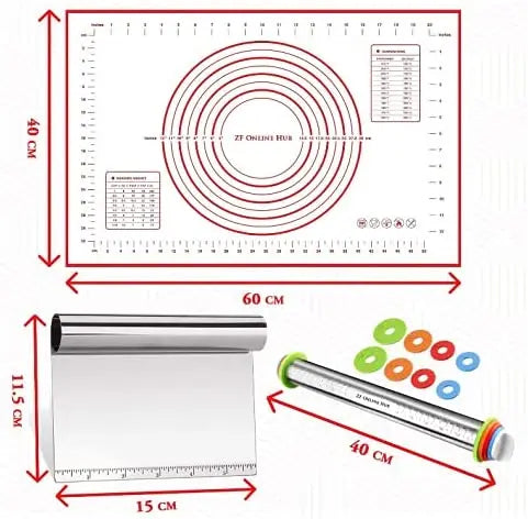 Pack of 5 Baking Utensils. Silicone Baking Mat (Size 40x60cm), Dough Scraper, Rolling Pin, Silicone Spatula and Brush. Baking gift for baking lovers pattanaustralia